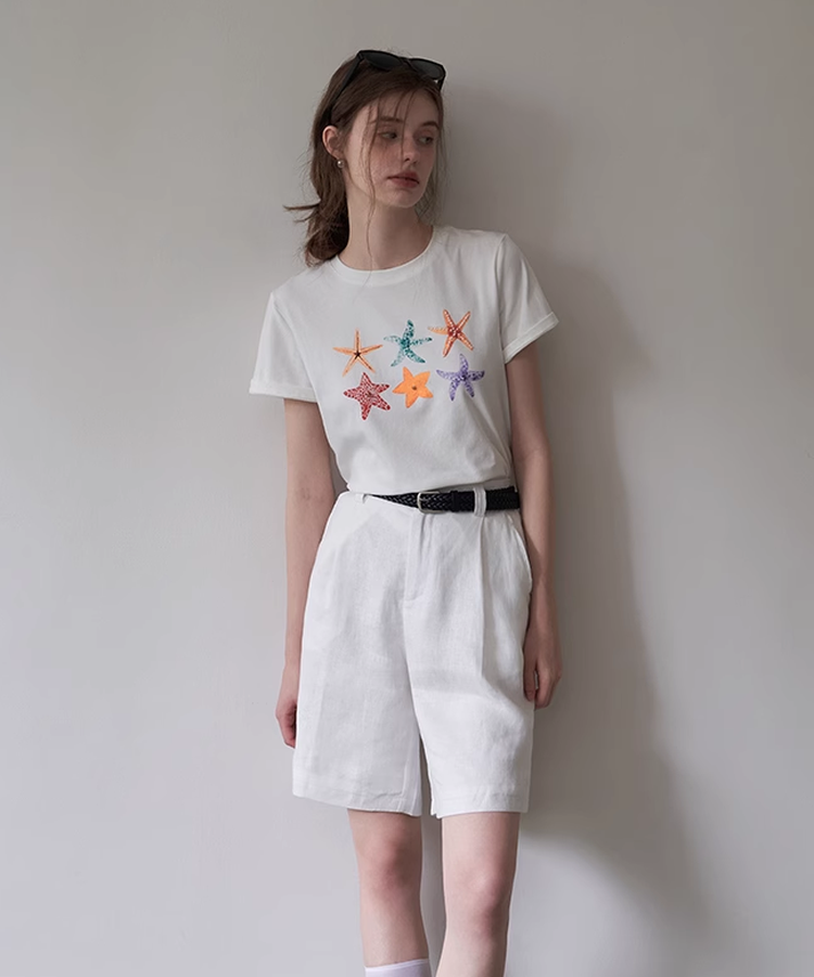 ベルト付きリネン調ワイドハーフパンツ