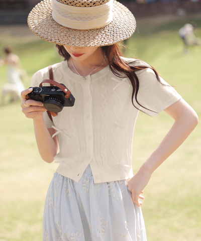 クルーネック半袖リボン付きニットカーディガン