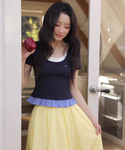 フェイクインナー風裾ストライプフリルTシャツ
