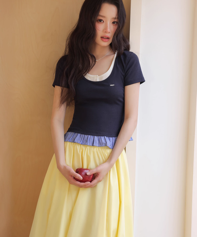 フェイクインナー風裾ストライプフリルTシャツ