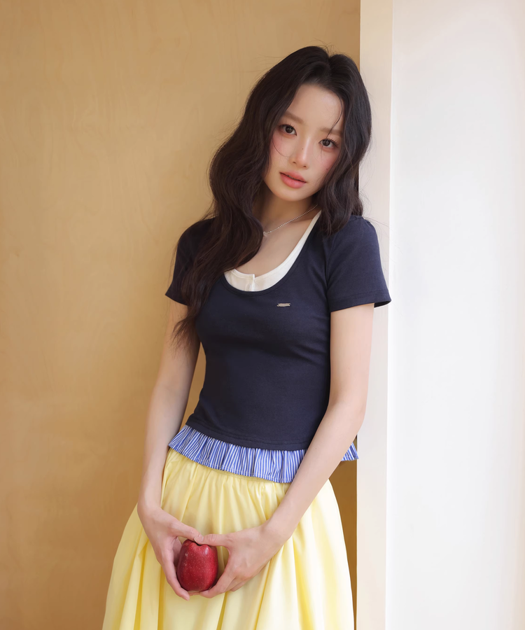 フェイクインナー風裾ストライプフリルTシャツ
