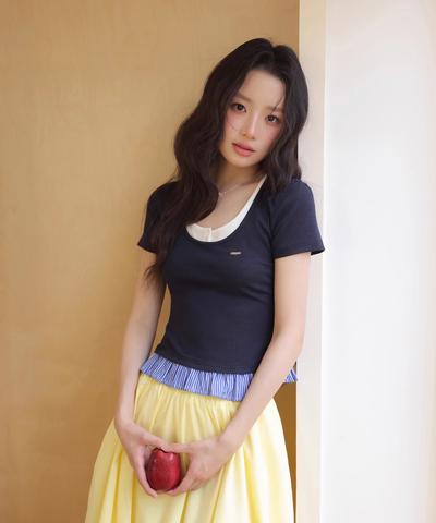 フェイクインナー風裾ストライプフリルTシャツ