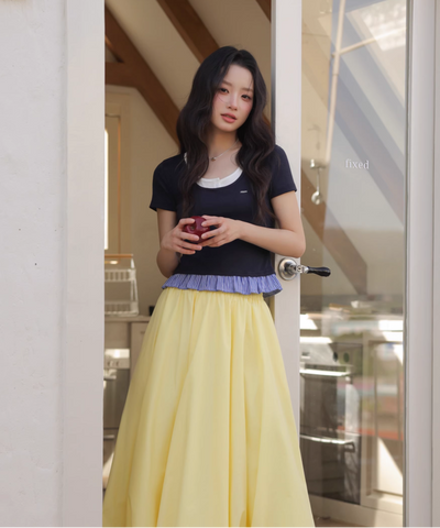 フェイクインナー風裾ストライプフリルTシャツ