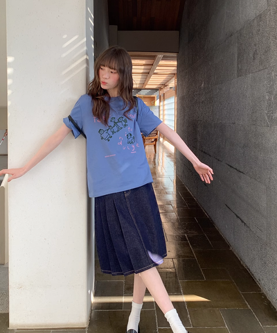 アシンメトリープリーツデニムスカート