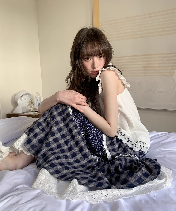 小花柄切り替えチェックレーススカート – jemiremi（ジェミレミ）