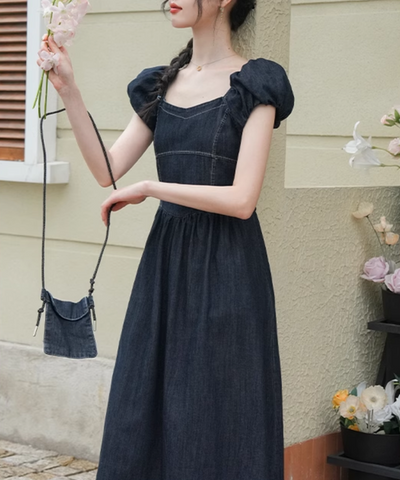 パフスリーブウエスト切り替えデニムワンピース