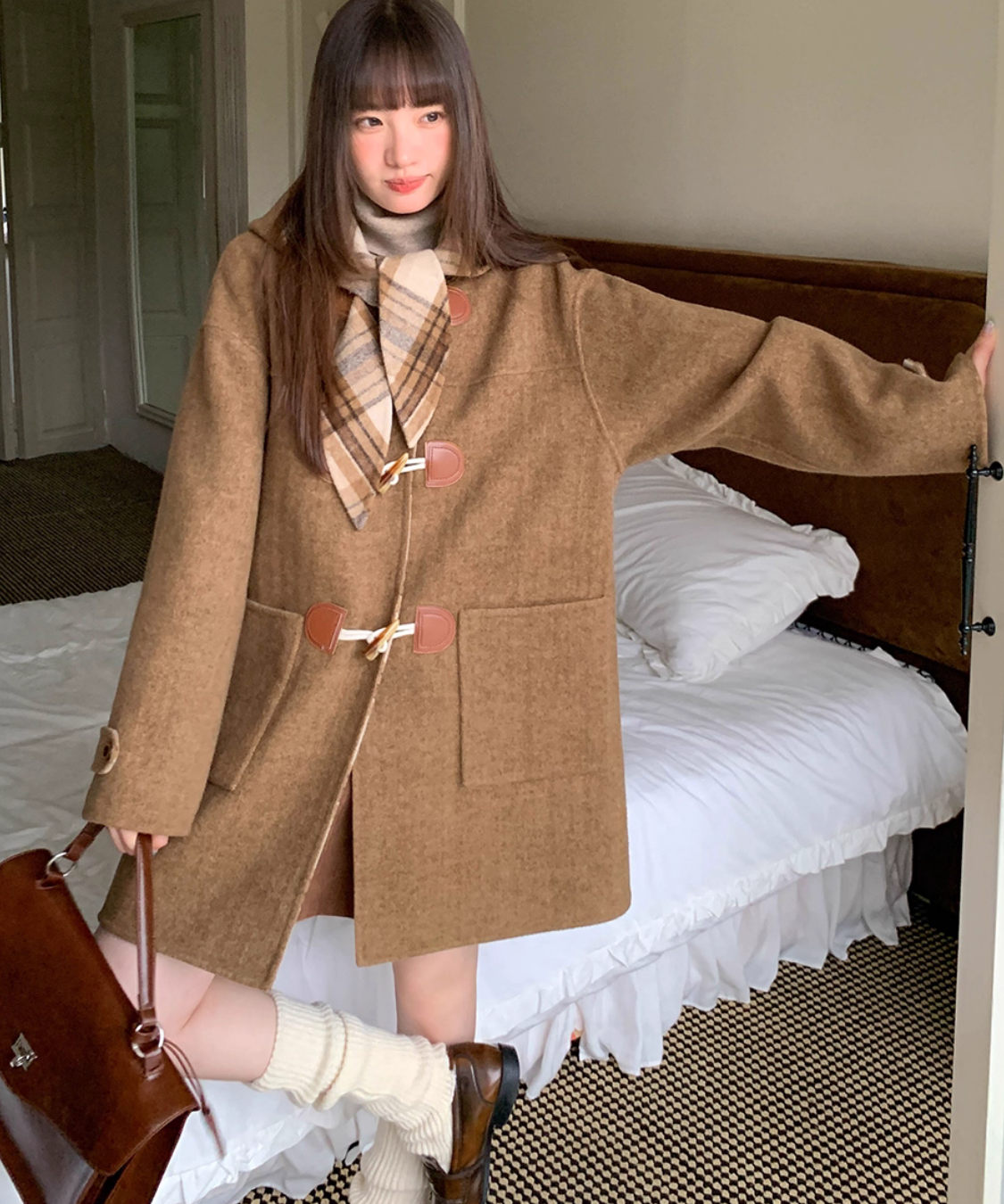 無地×チェックリバーシブルダッフルコート