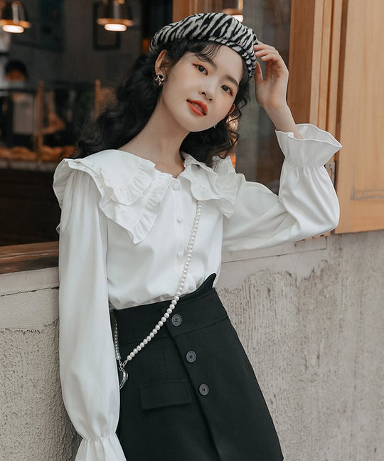 ダブルビッグフリルカラーラッフルカフスブラウス