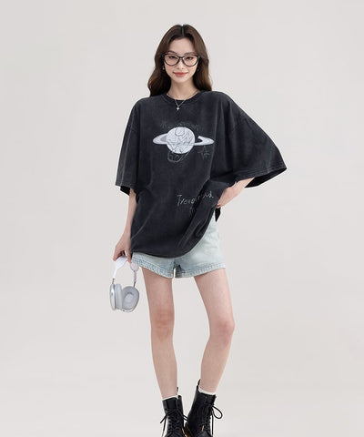 ビッグシルエットラウンドネックプラネットプリントTシャツ10