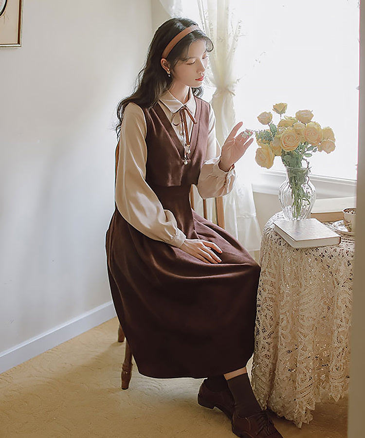フェイクツーピース丸襟ブラウスロングスリーブワンピース