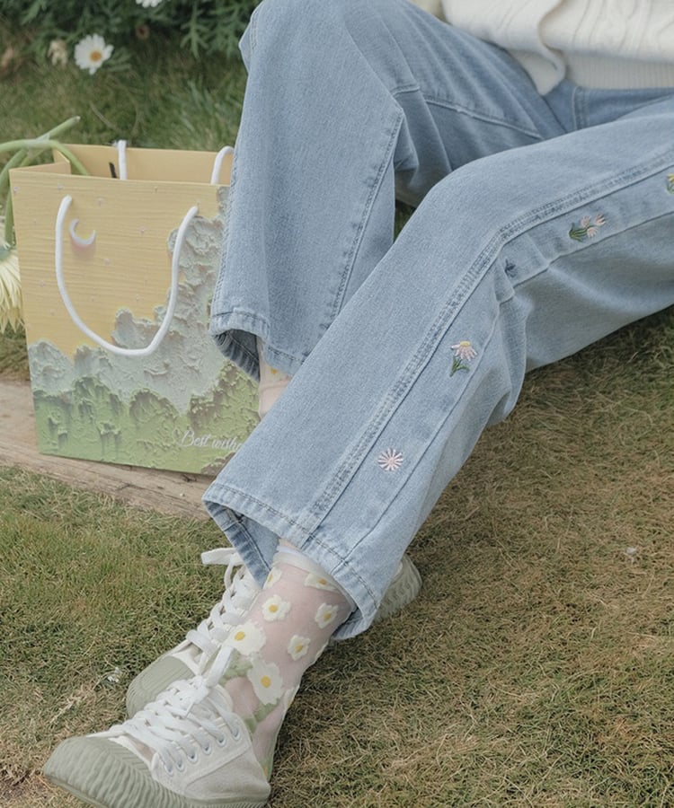 サイド切り替えエンブロイダリーフラワーデニムパンツ