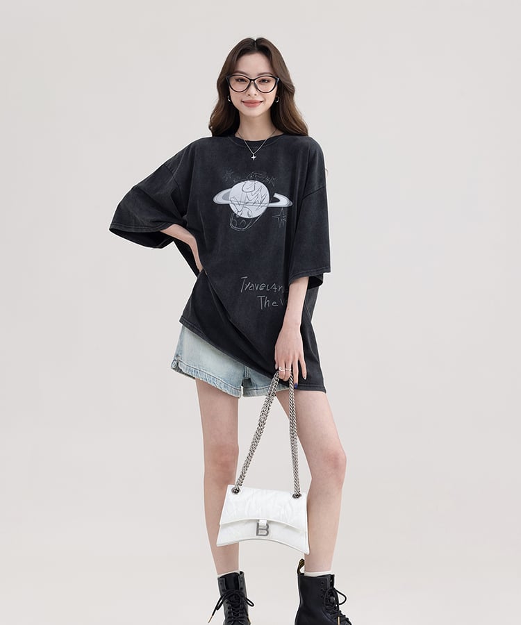 ビッグシルエットラウンドネックプラネットプリントTシャツ12