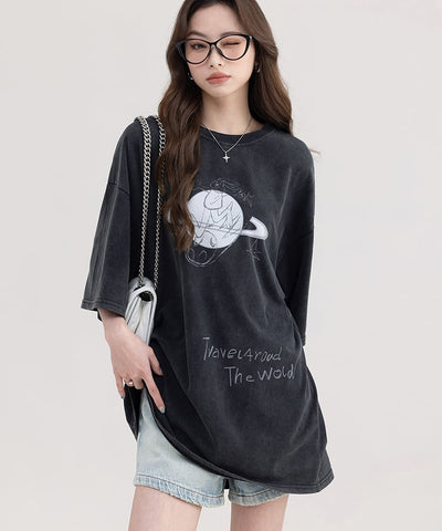 ビッグシルエットラウンドネックプラネットプリントTシャツ4