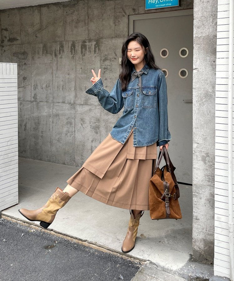 アシンメトリーヘムラインプリーツレイヤードスカート 14