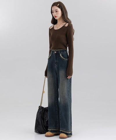 フリンジヘムバックヨークワイドデニムパンツ14