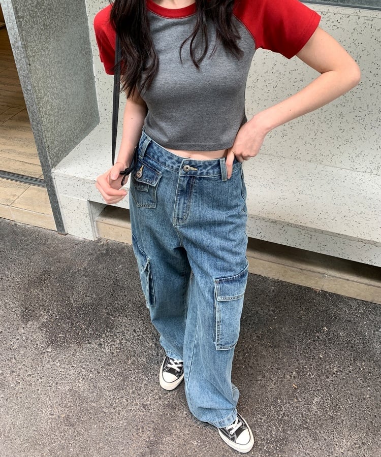 ハイウエストサイドフラップポケットカーゴデニムパンツ