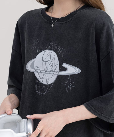 ビッグシルエットラウンドネックプラネットプリントTシャツ15