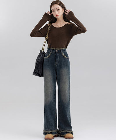 フリンジヘムバックヨークワイドデニムパンツ18
