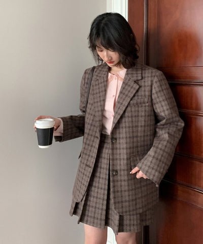 バックボタンウールチェックジャケット&プリーツスカートセットアップ1
