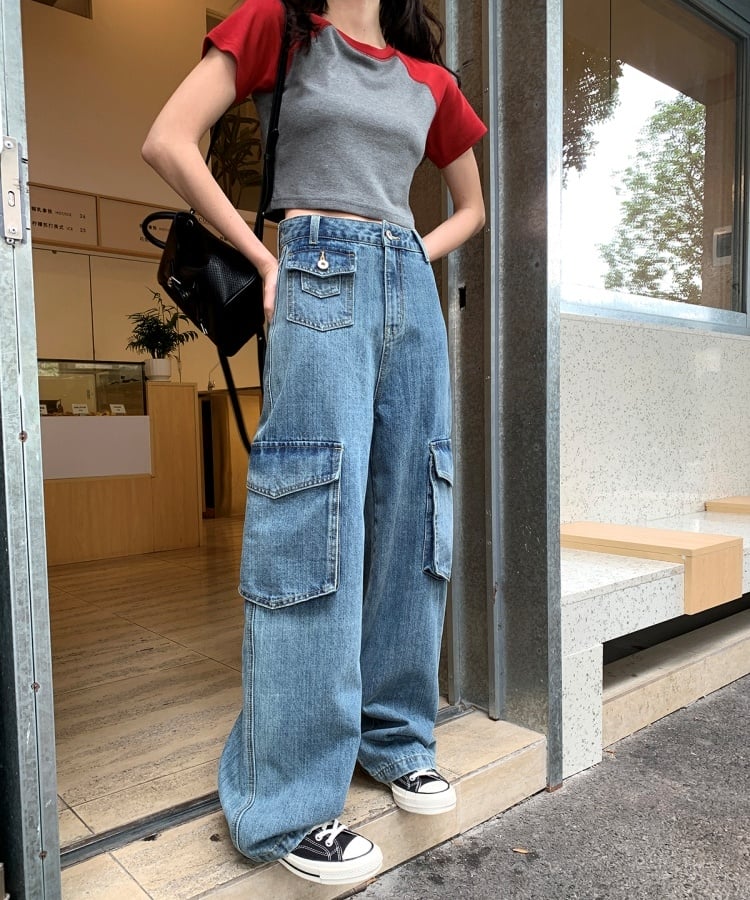 ハイウエストサイドフラップポケットカーゴデニムパンツ ハイウエストサイドフラップポケットカーゴデニムパンツ