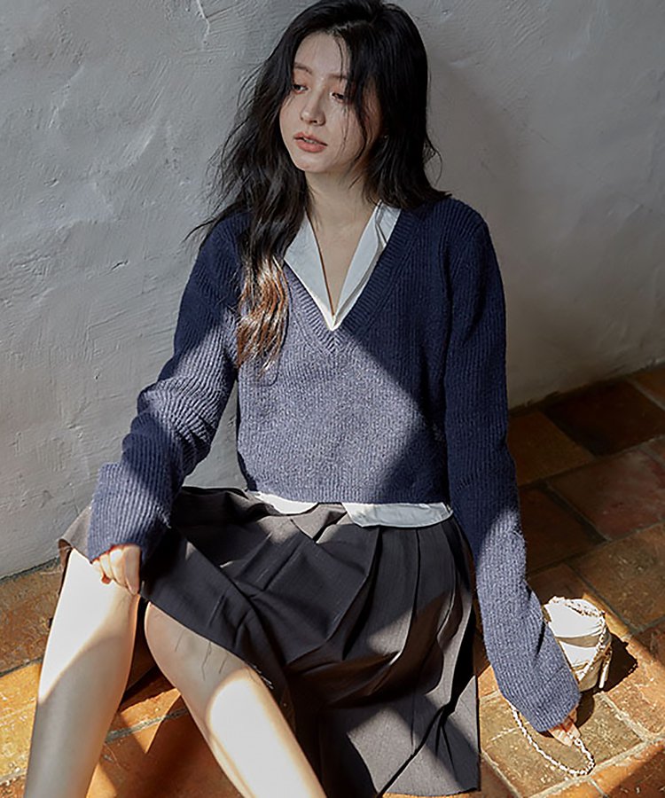 フェイクレイヤードVネックニットプルオーバー – jemiremi（ジェミレミ）