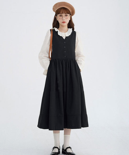 Vネックウエストギャザー切り替えジャンパースカート