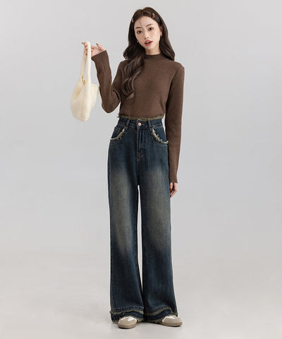 フリンジヘムバックヨークワイドデニムパンツ36