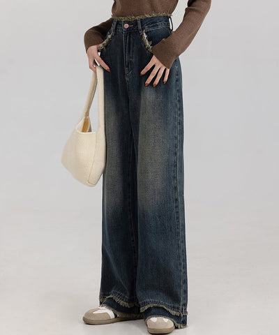 フリンジヘムバックヨークワイドデニムパンツ37