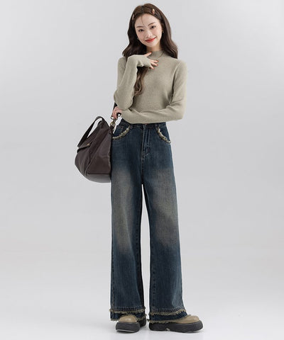 フリンジヘムバックヨークワイドデニムパンツ38