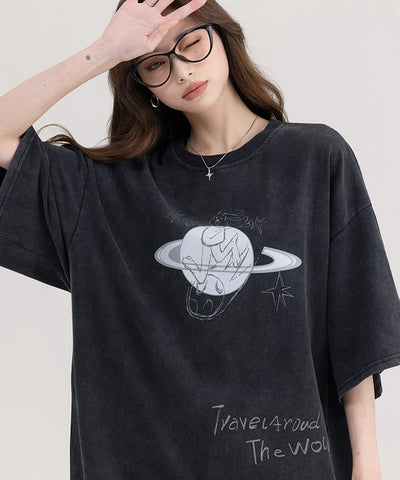 ビッグシルエットラウンドネックプラネットプリントTシャツ4