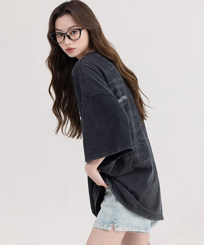 ビッグシルエットラウンドネックプラネットプリントTシャツ6
