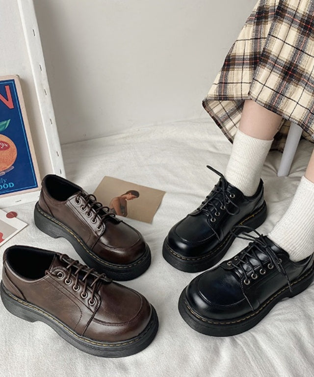 Lace Ladies ローファー レザー調 厚底 クラシカル レースアップ