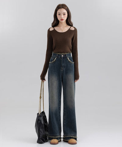 フリンジヘムバックヨークワイドデニムパンツ9