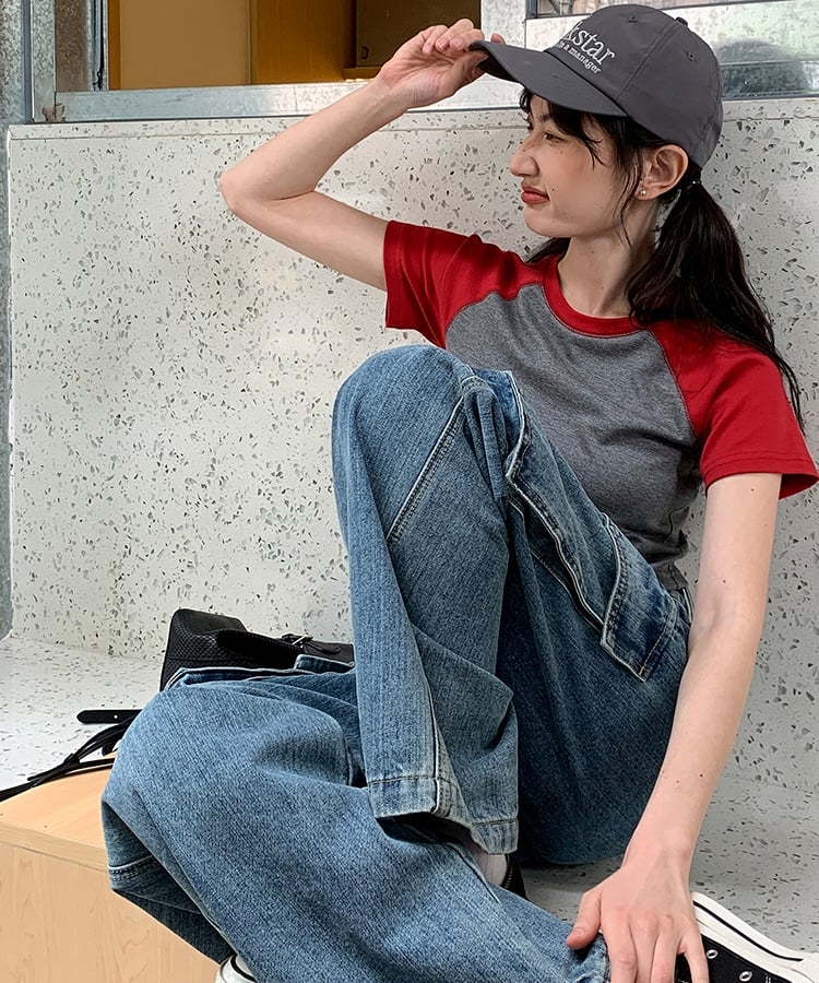 ハイウエストサイドフラップポケットカーゴデニムパンツ