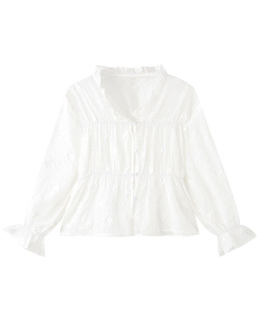 フロントボタンレトロフラワーシアーブラウス